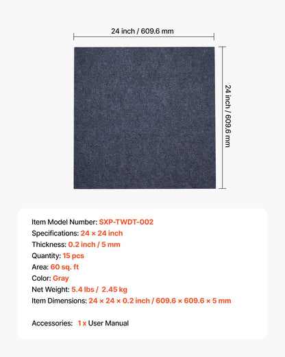 Mattplattor 610x610 mm, 15-pack skalbar och självhäftande fyrkantig matta, självhäftande kommersiellt golv mjuk vadderad för sömlöst överdrag 5,6㎡, enkel gör-det-själv-ersättning för vardagsrums- och kontorsrum, grå