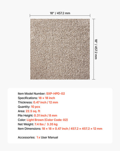 Carpet Tiles 457x457 mm, 10 Pack Carpet Square Rug Detachable & Damage-free, Self Adhesive Home Floor Soft Plush Padded for 2.1㎡ Coverage, Easy DIY for Living Room & Bedroom, Light Brown