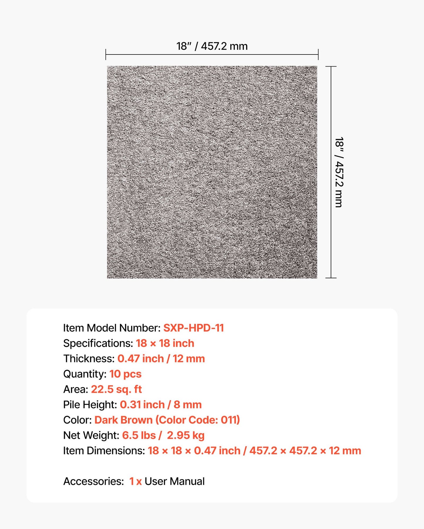 Carpet Tiles 457x457 mm, 10 Pack Carpet Square Rug Detachable & Damage-free, Self Adhesive Home Floor Soft Plush Padded for 2.1㎡ Coverage, Easy DIY for Living Room & Bedroom, Dark Brown