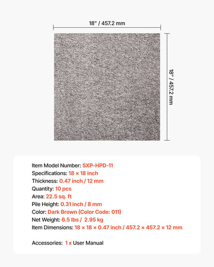 Carpet Tiles 457x457 mm, 10 Pack Carpet Square Rug Detachable & Damage-free, Self Adhesive Home Floor Soft Plush Padded for 2.1㎡ Coverage, Easy DIY for Living Room & Bedroom, Dark Brown