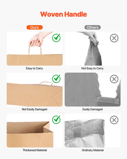 Kraftpapperskassar med handtag, 100 st 16 x 6 x 12 tum, stora papperspåsar för mataffärer, återanvändbara och återvunna avhämtningskassar, enkla partypåsar i bulk för födelsedagar, bröllop, företag, godis, brun