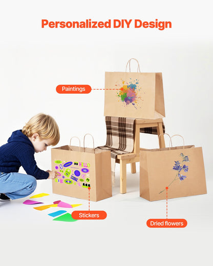 Kraftpapperskassar med handtag, 100 st 16 x 6 x 12 tum, stora papperspåsar för mataffärer, återanvändbara och återvunna avhämtningskassar, enkla partypåsar i bulk för födelsedagar, bröllop, företag, godis, brun