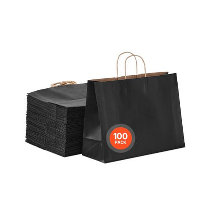 Kraft Paper Bags with Handles, 100Pcs 16 x 6 x 12 in, Large Paper Grocery Bags, Reusable & 100% Recycled Take-Out Sacks, Plain Party Bag Bulk for Birthday, Wedding, Business, Goody, Black