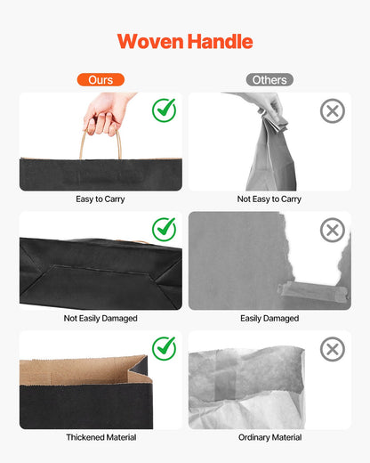 Kraft Paper Bags with Handles, 100Pcs 16 x 6 x 12 in, Large Paper Grocery Bags, Reusable & 100% Recycled Take-Out Sacks, Plain Party Bag Bulk for Birthday, Wedding, Business, Goody, Black