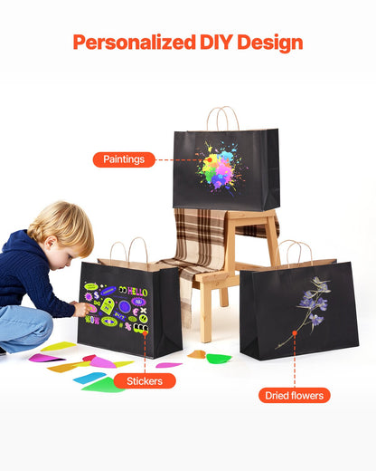 Kraft Paper Bags with Handles, 100Pcs 16 x 6 x 12 in, Large Paper Grocery Bags, Reusable & 100% Recycled Take-Out Sacks, Plain Party Bag Bulk for Birthday, Wedding, Business, Goody, Black