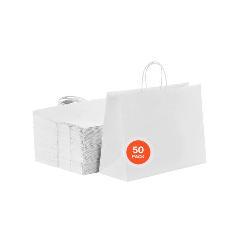 Kraftpapperskassar med handtag, 50 st 16 x 6 x 12 tum, stora papperspåsar för mataffärer, återanvändbara och återvunna avhämtningskassar, enkla partypåsar i bulk för födelsedagar, bröllop, företag, godis, vita