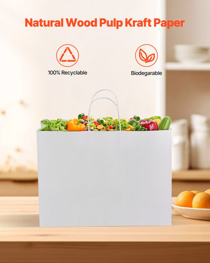 Kraftpapperskassar med handtag, 50 st 16 x 6 x 12 tum, stora papperspåsar för mataffärer, återanvändbara och återvunna avhämtningskassar, enkla partypåsar i bulk för födelsedagar, bröllop, företag, godis, vita