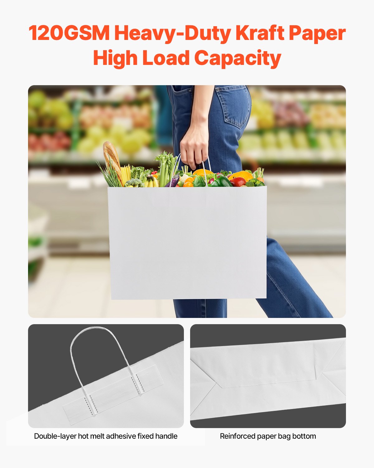 Kraftpapperskassar med handtag, 50 st 16 x 6 x 12 tum, stora papperspåsar för mataffärer, återanvändbara och återvunna avhämtningskassar, enkla partypåsar i bulk för födelsedagar, bröllop, företag, godis, vita