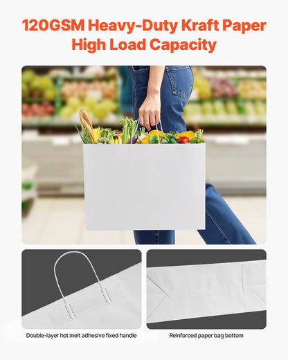 Kraftpapperskassar med handtag, 50 st 16 x 6 x 12 tum, stora papperspåsar för mataffärer, återanvändbara och återvunna avhämtningskassar, enkla partypåsar i bulk för födelsedagar, bröllop, företag, godis, vita