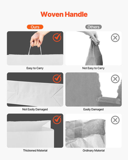 Kraftpapperskassar med handtag, 50 st 16 x 6 x 12 tum, stora papperspåsar för mataffärer, återanvändbara och återvunna avhämtningskassar, enkla partypåsar i bulk för födelsedagar, bröllop, företag, godis, vita