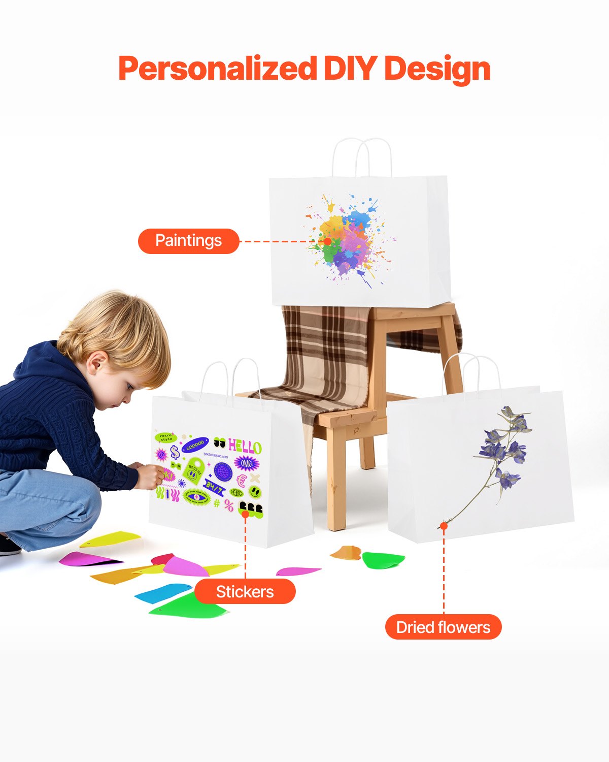 Kraftpapperskassar med handtag, 50 st 16 x 6 x 12 tum, stora papperspåsar för mataffärer, återanvändbara och återvunna avhämtningskassar, enkla partypåsar i bulk för födelsedagar, bröllop, företag, godis, vita