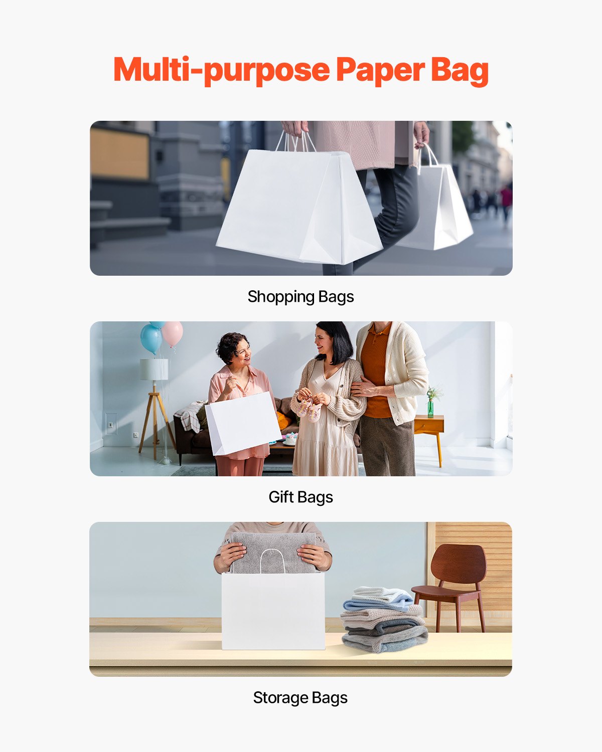 Kraftpapperskassar med handtag, 50 st 16 x 6 x 12 tum, stora papperspåsar för mataffärer, återanvändbara och återvunna avhämtningskassar, enkla partypåsar i bulk för födelsedagar, bröllop, företag, godis, vita