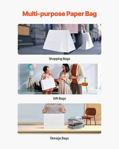 Kraftpapperskassar med handtag, 50 st 16 x 6 x 12 tum, stora papperspåsar för mataffärer, återanvändbara och återvunna avhämtningskassar, enkla partypåsar i bulk för födelsedagar, bröllop, företag, godis, vita