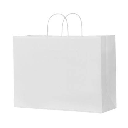 Kraftpapperskassar med handtag, 50 st 16 x 6 x 12 tum, stora papperspåsar för mataffärer, återanvändbara och återvunna avhämtningskassar, enkla partypåsar i bulk för födelsedagar, bröllop, företag, godis, vita