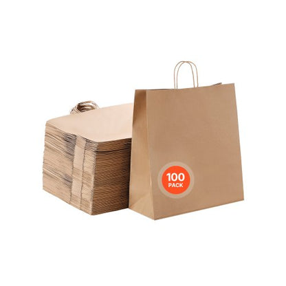 Kraft Paper Bags with Handles, 100Pcs 18 x 7 x 19 in, Large Paper Grocery Bags, Reusable & 100% Recycled Take-Out Sacks, Plain Party Bag Bulk for Birthday, Wedding, Business, Goody, Brown