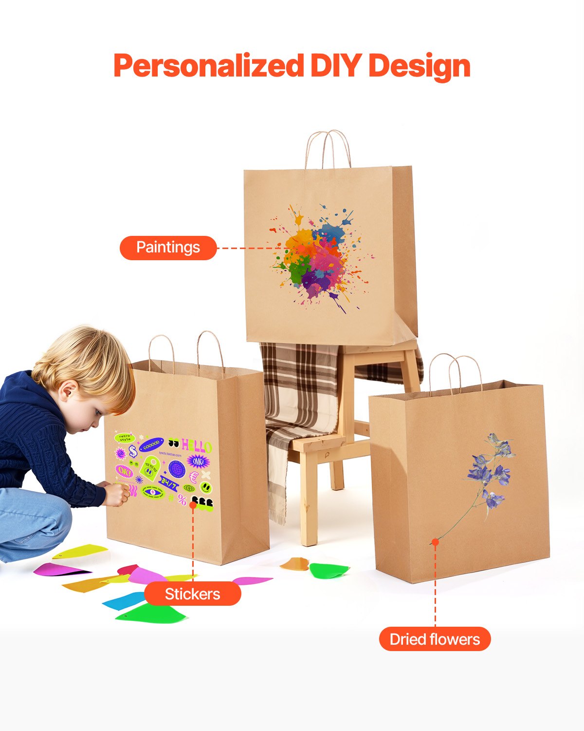 Kraft Paper Bags with Handles, 100Pcs 18 x 7 x 19 in, Large Paper Grocery Bags, Reusable & 100% Recycled Take-Out Sacks, Plain Party Bag Bulk for Birthday, Wedding, Business, Goody, Brown