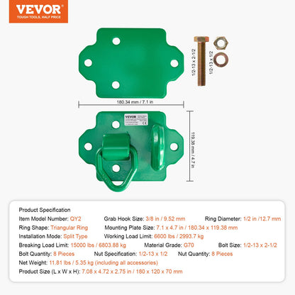 3/8" Tractor Bucket Hooks with Tie Down Ring, Grade 70 Forged Steel 2 Pack Bolt-On Grab Hook with Back Plates Compatible for Tractor Bucket RV UTV Truck Maximum Break Strength 15,000 lbs, Green