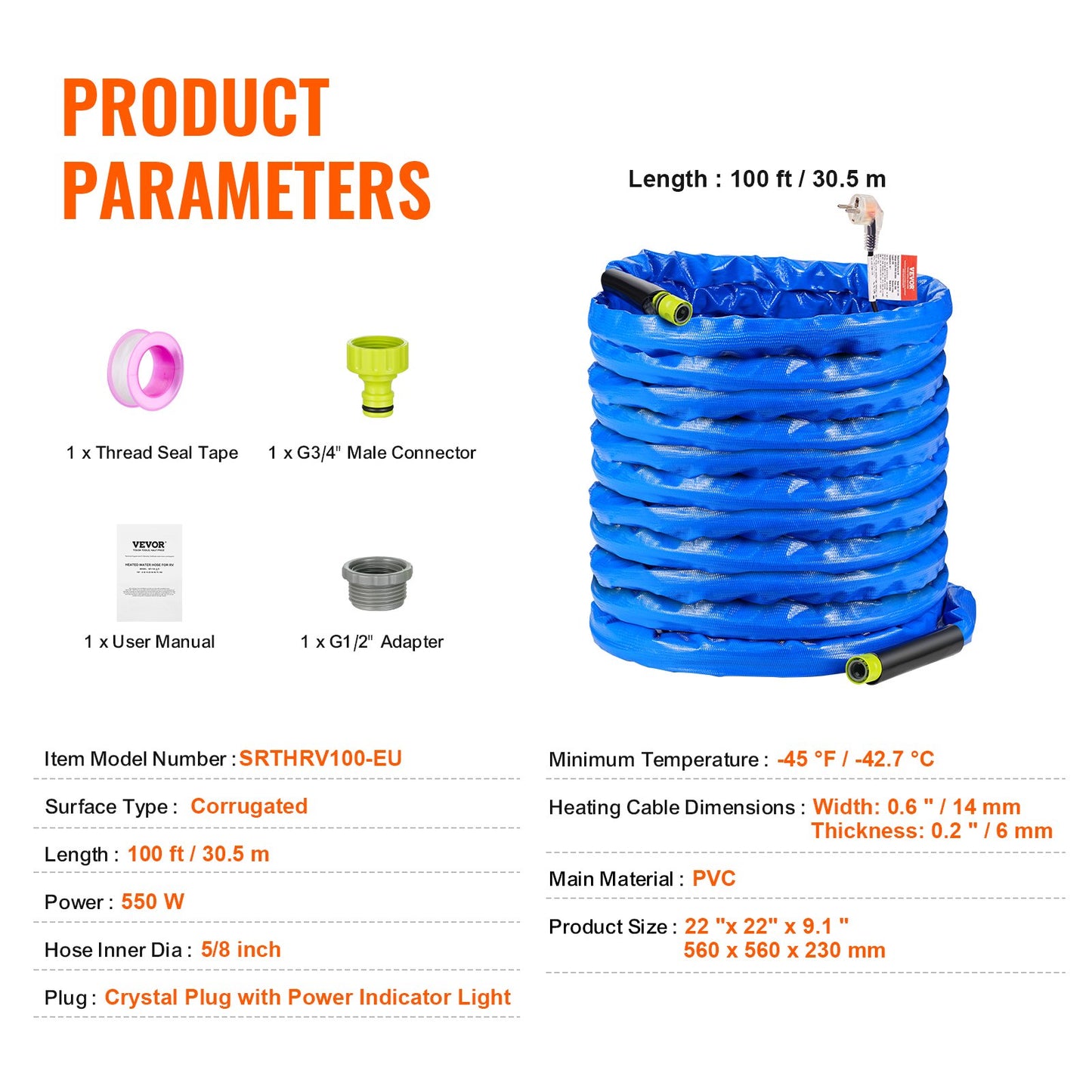 30.5 m Heated Water Hose for RV -45℉ Antifreeze Heated Drinking Water Hose