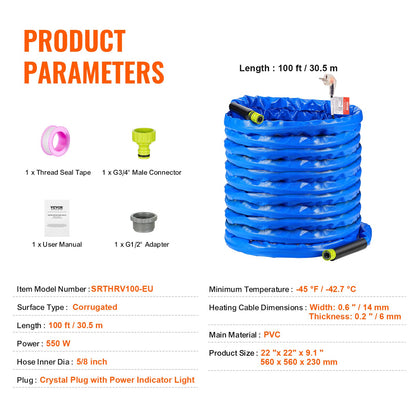 30.5 m Heated Water Hose for RV -45℉ Antifreeze Heated Drinking Water Hose