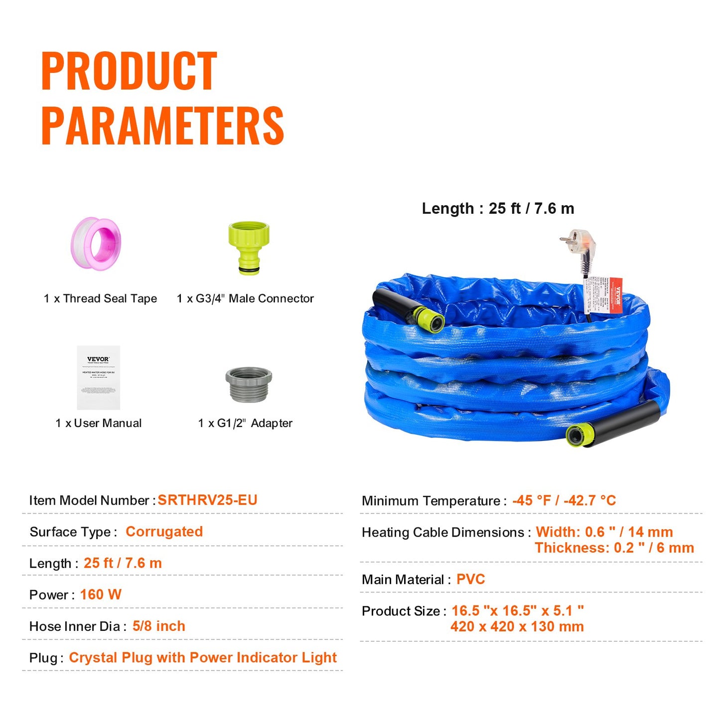 25ft Heated Water Hose for RV, Heated Drinking Water Hose with Corrugated Cover Antifreeze to -45°F, Automatic Self-regulating, 5/8" I.D. with Quick-connect Fitting Set, Lead and BPA Free