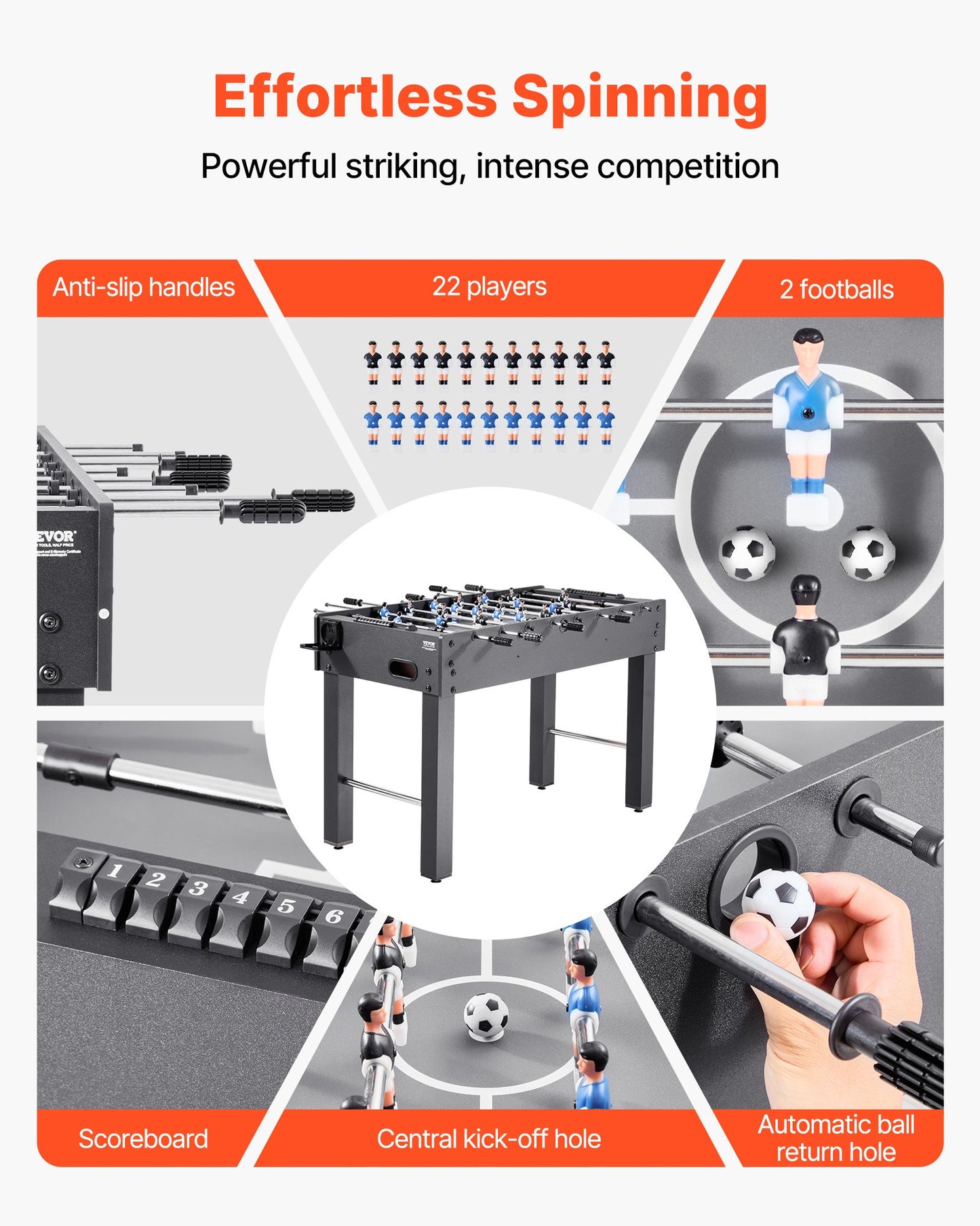 Foosball Table, 121 cm Standard Size Table, Indoor Full Size Foosball Tables for Home, Family, and Game Room, Durable Soccer Set, Includes 2 Balls, Score Keeper, and 2 Cup Holders