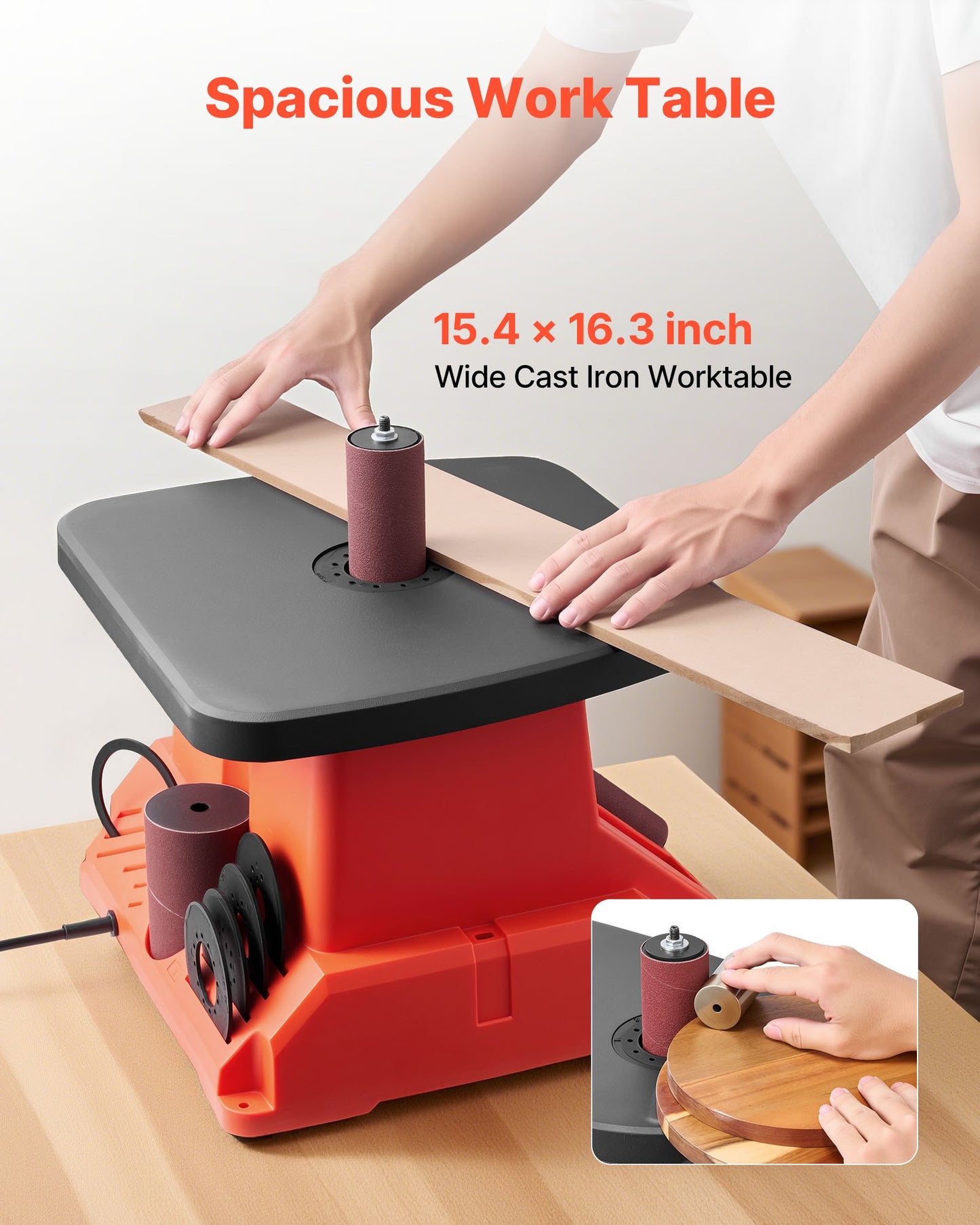 Oscillating Spindle Sander, 2000RPM Benchtop Spindle Sander with 6 Sleeves (12.7–76.2 mm), 16mm Stroke & 390 x 415 mm Wide Worktable for Furniture Finishing, Crafts Sanding, DIY Woodworking