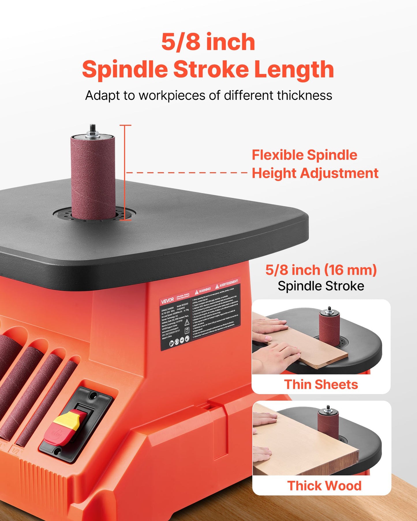 Oscillating Spindle Sander, 2000RPM Benchtop Spindle Sander with 6 Sleeves (12.7–76.2 mm), 16mm Stroke & 390 x 415 mm Wide Worktable for Furniture Finishing, Crafts Sanding, DIY Woodworking