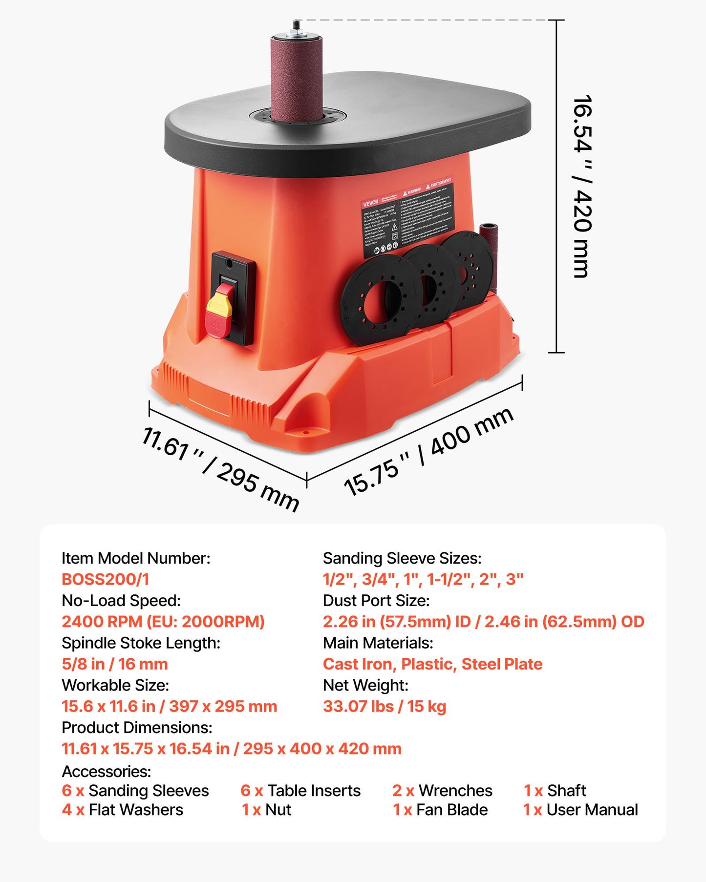 Oscillating Spindle Sander, 2000RPM Benchtop Spindle Sander with 6 Sleeves (12.7–76.2 mm), 16mm Stroke & 397 x 295 mm Cast Iron Table for Furniture Finishing, Crafts Sanding, DIY Woodworking