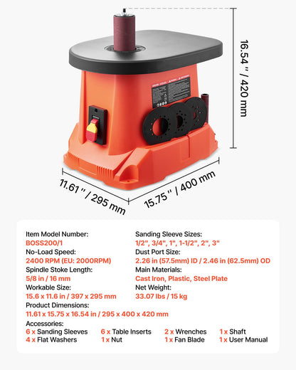 Oscillating Spindle Sander, 2000RPM Benchtop Spindle Sander with 6 Sleeves (12.7–76.2 mm), 16mm Stroke & 397 x 295 mm Cast Iron Table for Furniture Finishing, Crafts Sanding, DIY Woodworking