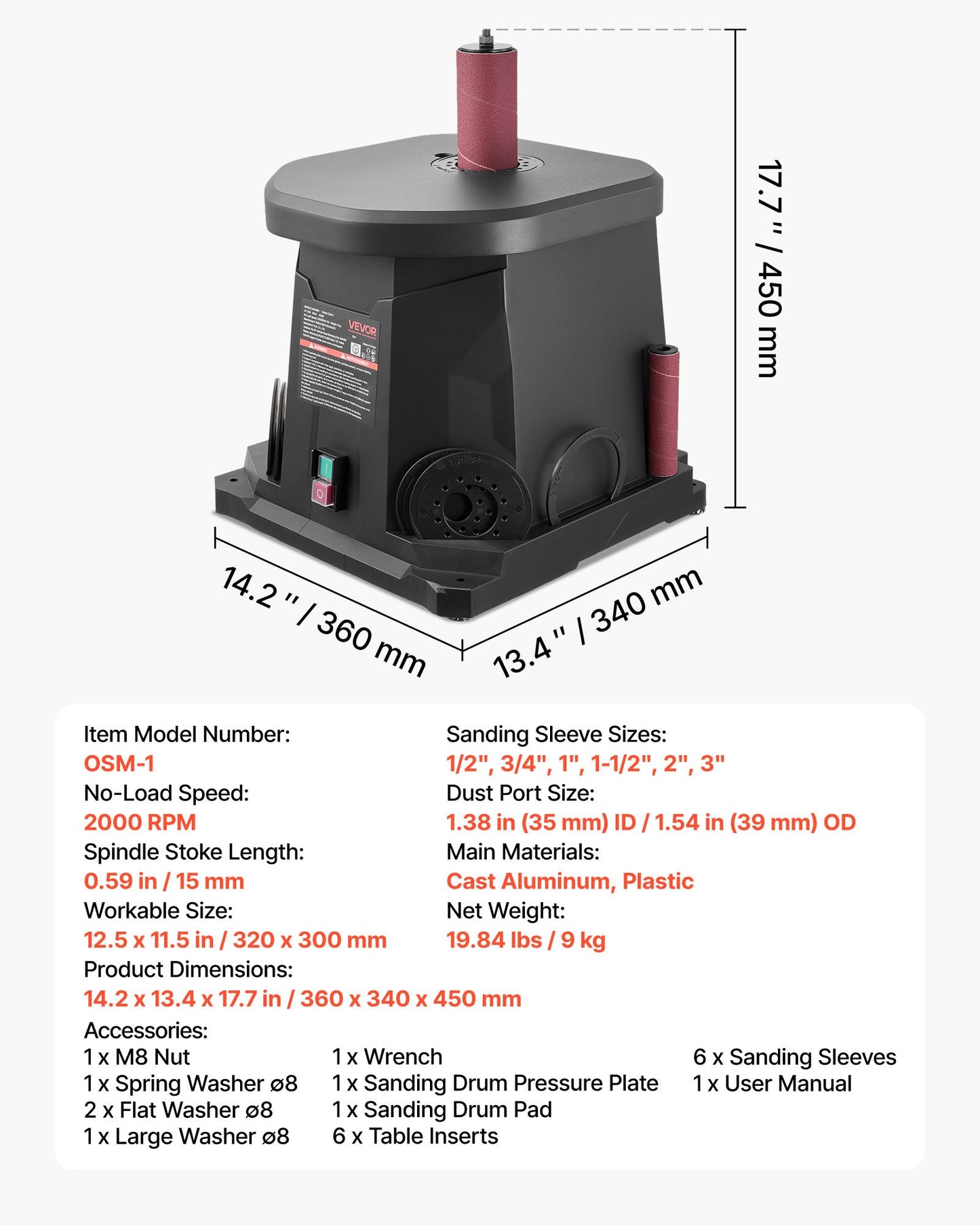 Oscillerande spindelslip, 2000 varv/min bänkspindelslip med 6 hylsor (12,7–76,2 mm), 15 mm slaglängd och dammanslutningsport för möbelfinish, hantverksslipning, gör-det-själv-träbearbetning