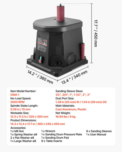 Oscillerande spindelslip, 2000 varv/min bänkspindelslip med 6 hylsor (12,7–76,2 mm), 15 mm slaglängd och dammanslutningsport för möbelfinish, hantverksslipning, gör-det-själv-träbearbetning