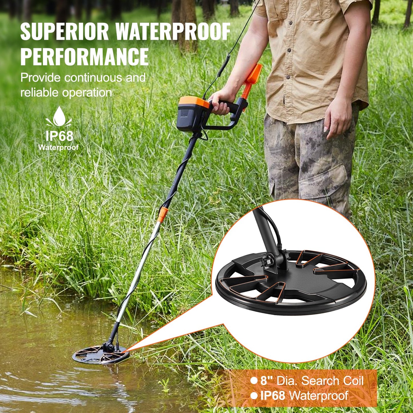 Metal Detector for Adults & Kids, 20.3 cm Waterproof Search Coil with High Accuracy Pointer Display, Adjustable 96.5 cm - 124.5 cm Gold Detector, Lightweight Aluminum Stem for Detecting Gold Treasure
