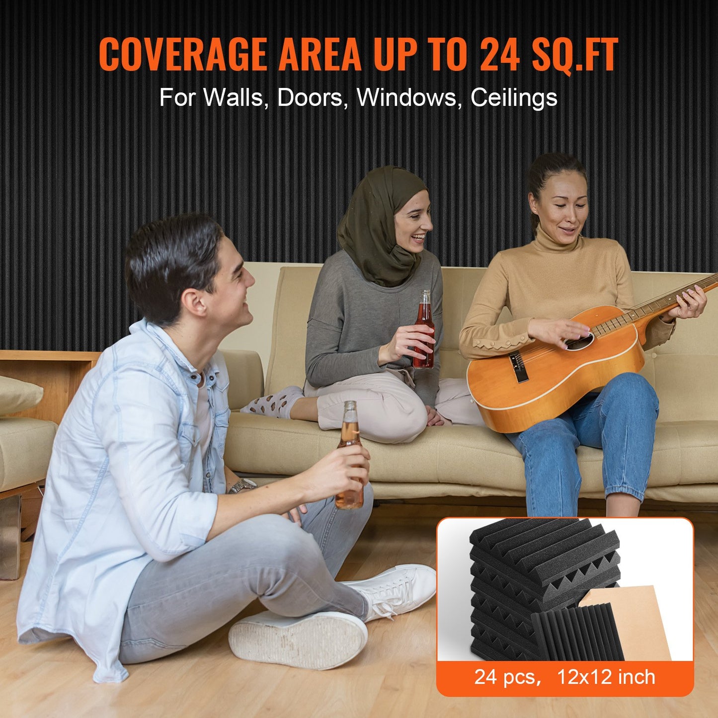 Acoustic Foam Panels, 24 Pack 12 x 12 x 2 inches, Adhesive High Density Soundproof Wall Panels,Fire-Resistant Acoustic Panels,Sound Dampening Absorbing Panels for Studio Wall and Ceiling,Black