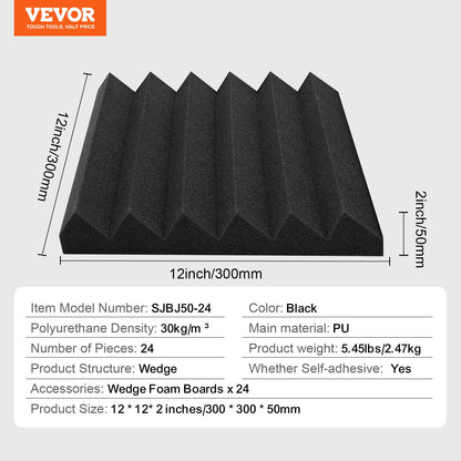 Acoustic Foam Panels, 24 Pack 12 x 12 x 2 inches, Adhesive High Density Soundproof Wall Panels,Fire-Resistant Acoustic Panels,Sound Dampening Absorbing Panels for Studio Wall and Ceiling,Black