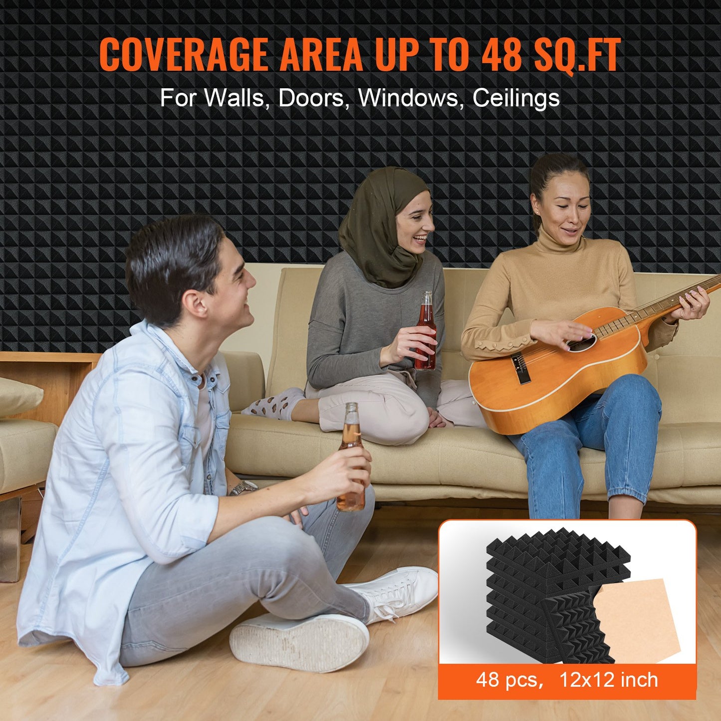 Acoustic Foam Panels, 48 Pack 12 x 12 x 2 inches, Adhesive Pyramid Soundproof Wall Panels,Fire-Resistant Acoustic Panels,Sound Dampening Absorbing Panels for Studio Wall and Ceiling,Black