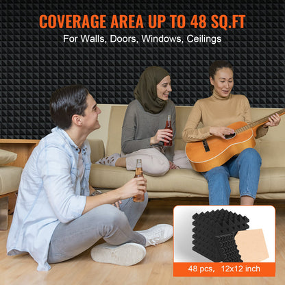 Acoustic Foam Panels, 48 Pack 12 x 12 x 2 inches, Adhesive Pyramid Soundproof Wall Panels,Fire-Resistant Acoustic Panels,Sound Dampening Absorbing Panels for Studio Wall and Ceiling,Black