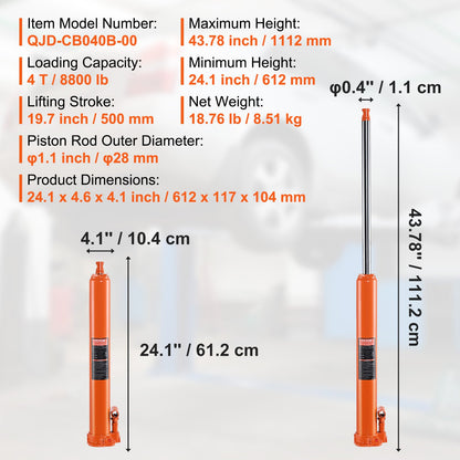 Hydraulic Long Ram Jack, 4 Ton Engine Hoist Cylinder with Single Piston Pump And Flat Base, Hydraulic Ram Cylinder for Engine Lift Hoists, Hydraulic Garage/Shop Cranes, Mechanical, Farm