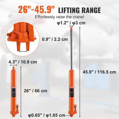 Hydraulisk domkraft med lång kolv, 8 tons motorlyftcylinder med enkelkolvspump och gaffelbas, Hydraulisk kolvcylinder för motorlyft, Hydrauliska garage-/verkstadskranar, Mekanisk, Lantbruk
