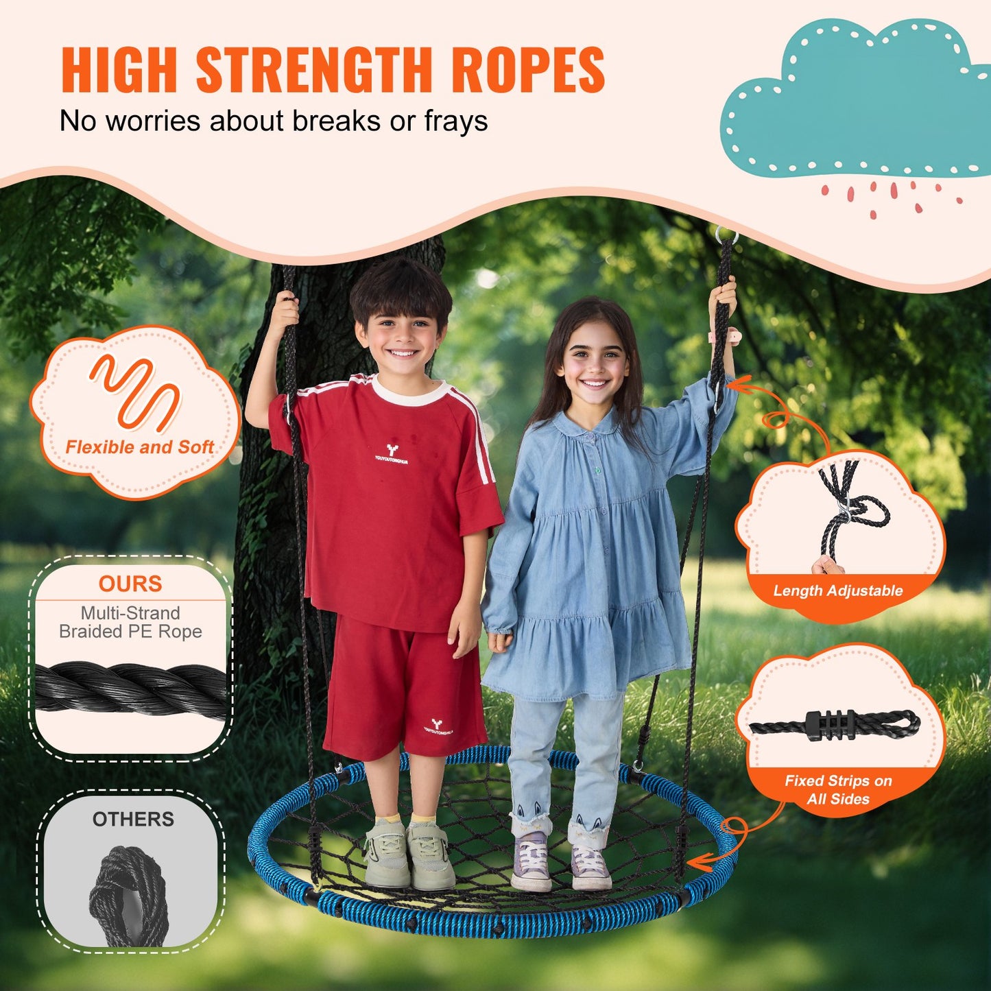 Spider Web Saucer Swing, 40 Inch Round Swings for Kids Outdoor, 750lbs Weight Capacity Saucer Tree Swing, Stable Woven Rope Swing Seat with Tree Hanging Straps and Adjustable Multi-Strand Ropes
