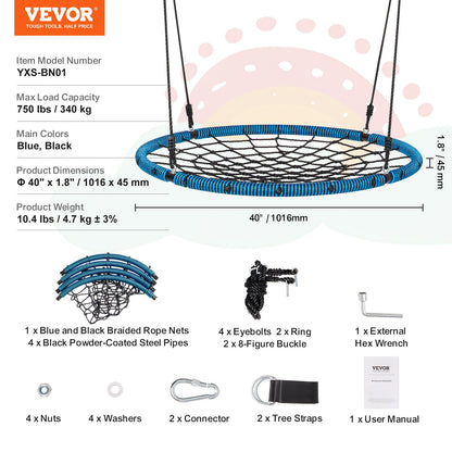 Spider Web Saucer Swing, 40 Inch Round Swings for Kids Outdoor, 750lbs Weight Capacity Saucer Tree Swing, Stable Woven Rope Swing Seat with Tree Hanging Straps and Adjustable Multi-Strand Ropes