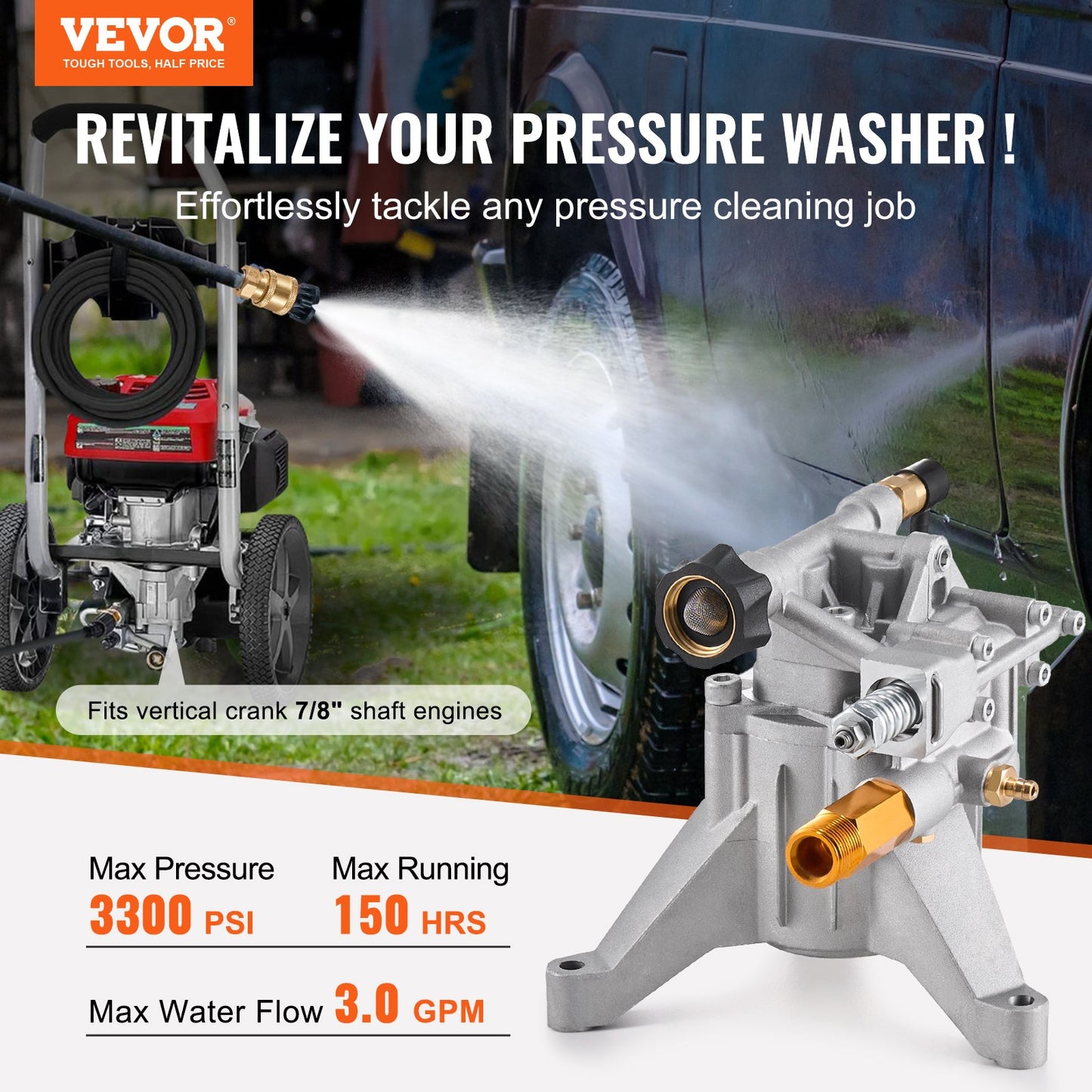 Högtryckstvättspump, 22 mm (7/8 tum) axel vertikal, 227 bar (3300 PSI), 11 l/min (3,0 GPM), reservpumpsats för högtryckstvätt med 5 munstycken, hårdvara och sifonrör, kompatibel med RYOBI, Honda, Briggs och Stratton