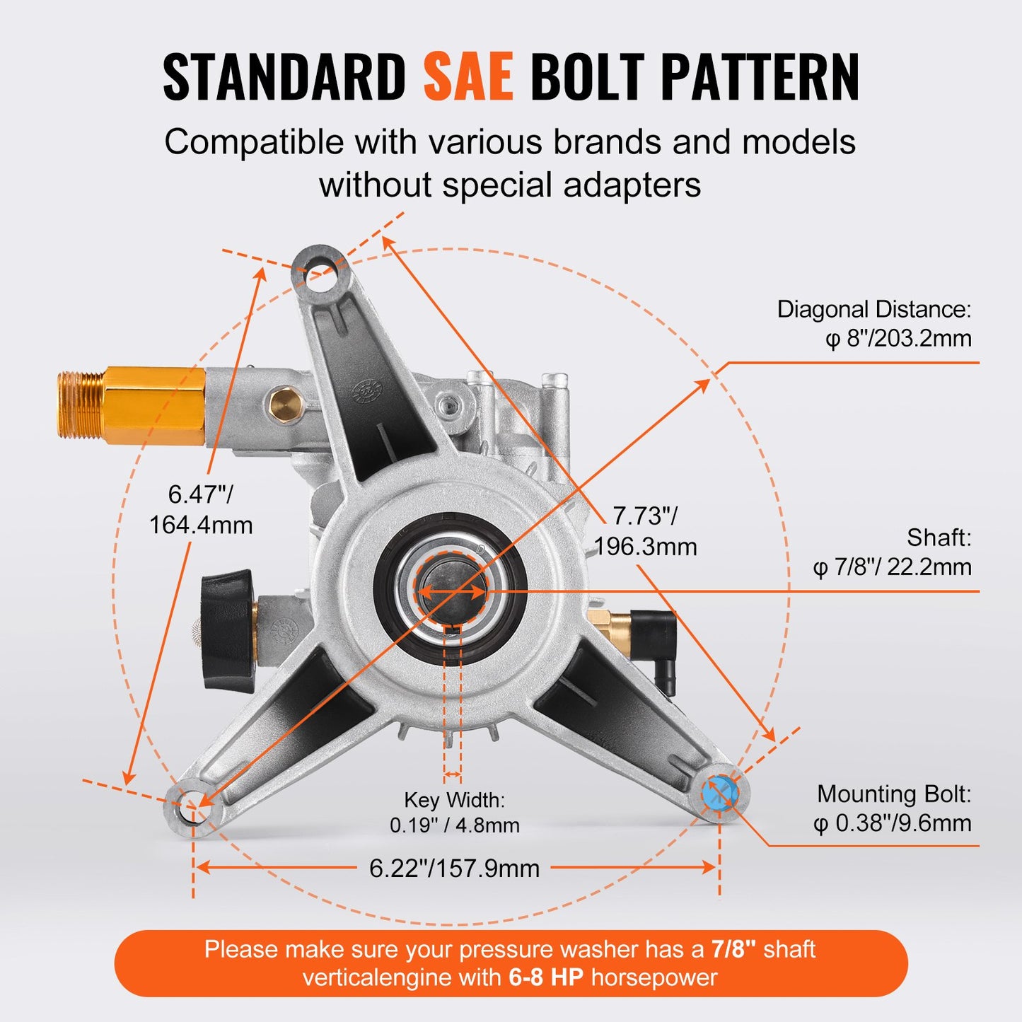 Högtryckstvättspump, 22 mm (7/8 tum) axel vertikal, 227 bar (3300 PSI), 11 l/min (3,0 GPM), reservpumpsats för högtryckstvätt med 5 munstycken, hårdvara och sifonrör, kompatibel med RYOBI, Honda, Briggs och Stratton