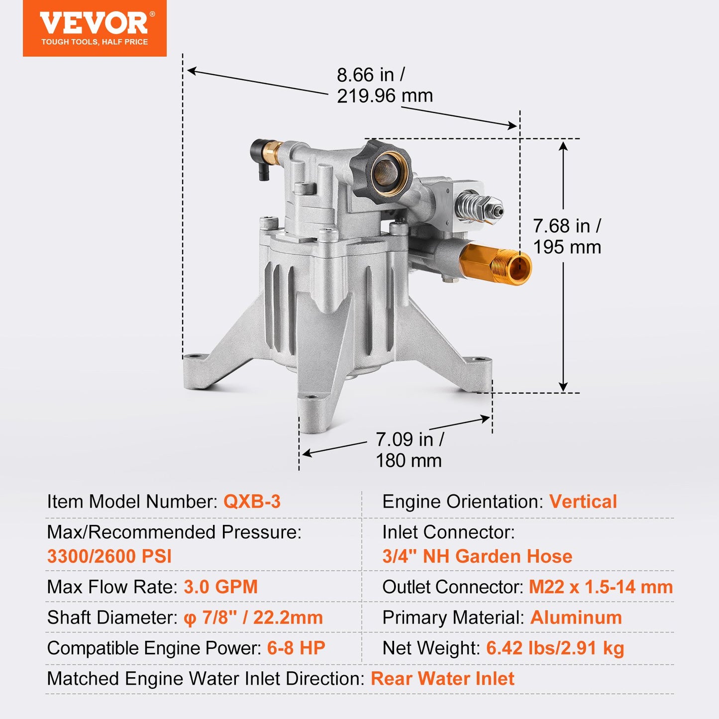 Högtryckstvättspump, 22 mm (7/8 tum) axel vertikal, 227 bar (3300 PSI), 11 l/min (3,0 GPM), reservpumpsats för högtryckstvätt med 5 munstycken, hårdvara och sifonrör, kompatibel med RYOBI, Honda, Briggs och Stratton