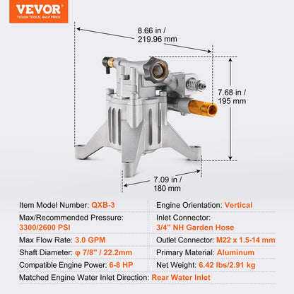 Högtryckstvättspump, 22 mm (7/8 tum) axel vertikal, 227 bar (3300 PSI), 11 l/min (3,0 GPM), reservpumpsats för högtryckstvätt med 5 munstycken, hårdvara och sifonrör, kompatibel med RYOBI, Honda, Briggs och Stratton