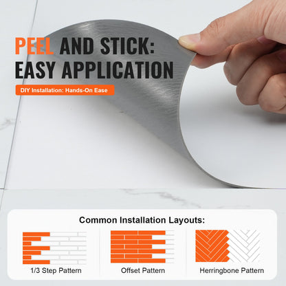 Självhäftande vinylgolvplattor 12 x 12 tum, 50 plattor 1,5 mm tjocka, självhäftande, vit marmorstruktur, gör-det-själv-golv för kök, matsal, sovrum och badrum, enkelt för heminredning