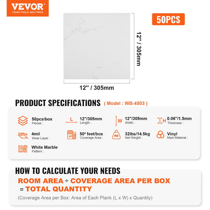 Självhäftande vinylgolvplattor 12 x 12 tum, 50 plattor 1,5 mm tjocka, självhäftande, vit marmorstruktur, gör-det-själv-golv för kök, matsal, sovrum och badrum, enkelt för heminredning