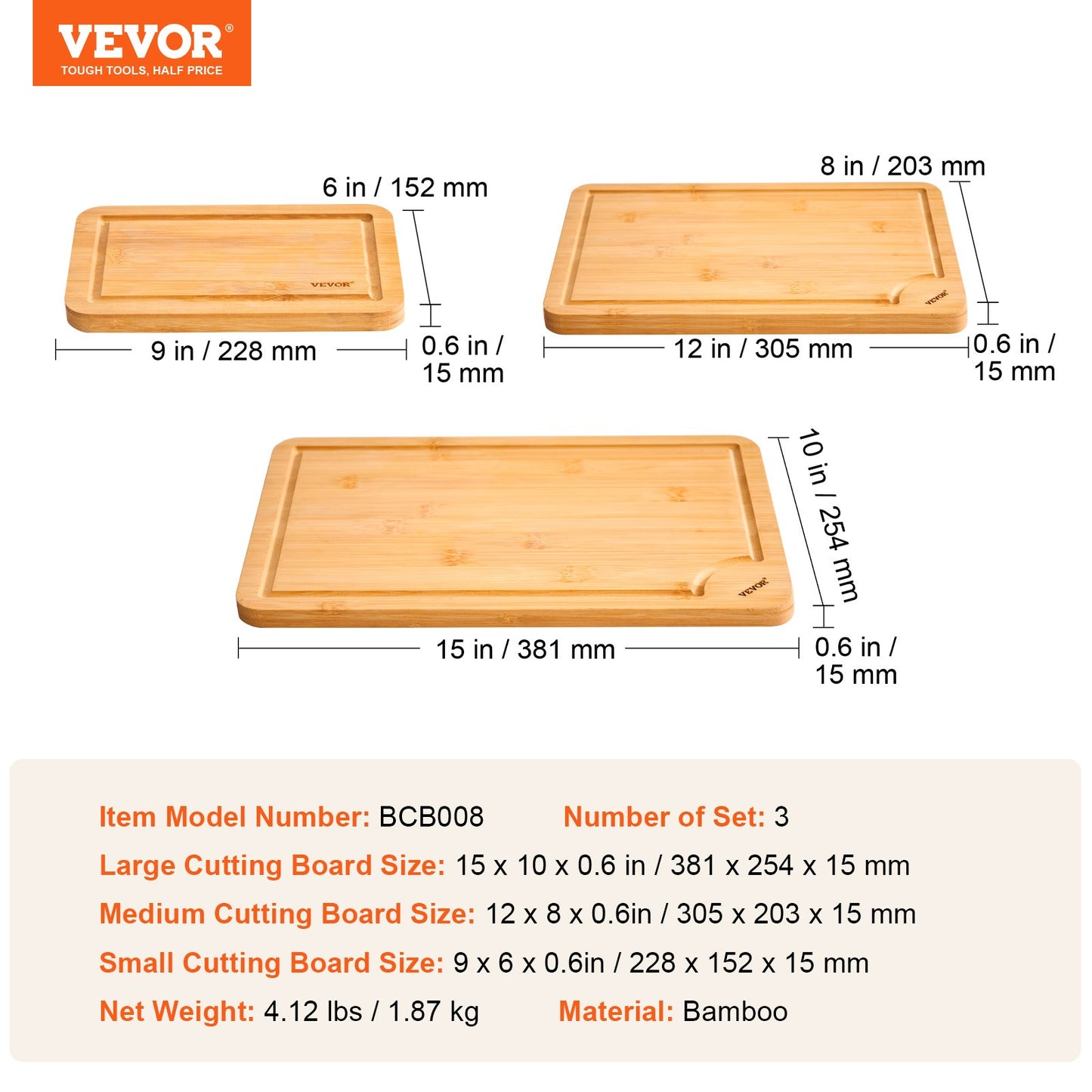 Cutting Board, 3 Pieces, Premium Versatile Bamboo Cutting Board with Food-Grade Oil and Juice Groove,Sturdy & Durable Chopping Board with Built-in Handle, Fit for Display, Chopping & Serving